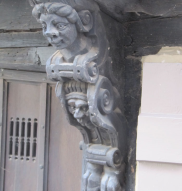 Wooden corbel c.1600, All Saints Lane – strapwork mimics leather