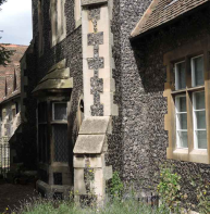 Diagonal buttress – former school, St Mildred's, Church Lane