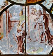 Mary, Joseph, Christ child, two Magi looking over wall, donkey and ox look on