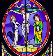 modern glass depicting Crucifixion (destined for Dallas) uses vesica surround