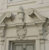 Broken scroll pediment, Orchard House, New Street